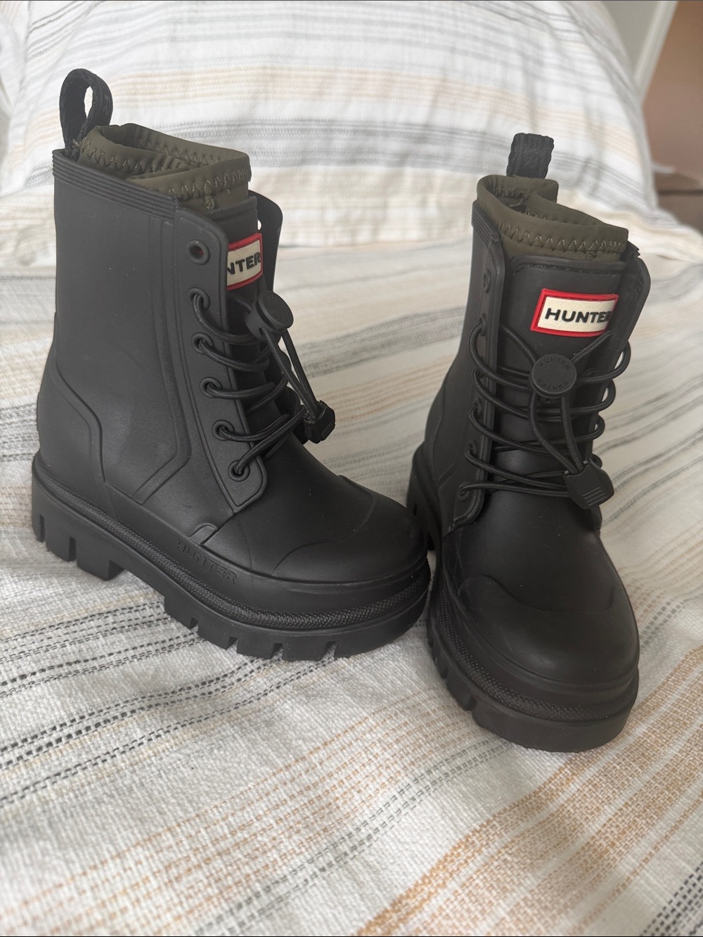 Hunter Kids Black Lace-Up Chunky Rain Boots with Olive Collar